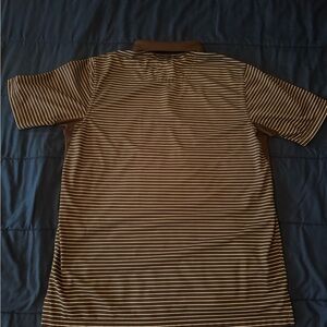 Men’s Sally Allen polo shirt, brown, horizontal, stripes size medium. good shape